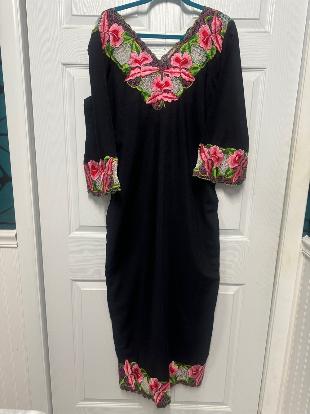 Black Midi Dress with Pink Floral Embroidered Accents